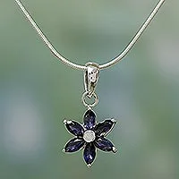 Iolite choker, 'Ocean Daisy' - Floral Jewellery Iolite and Sterling Silver Necklace