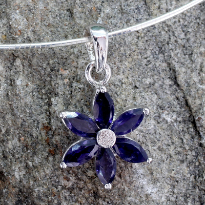 Iolite choker, 'Ocean Daisy' - Floral Jewelry Iolite and Sterling Silver Necklace