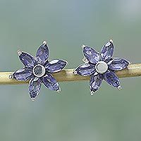 Iolite flower earrings, 'Ocean Daisy' - Iolite Earrings Hand Crafted Sterling Silver Button Jewelry