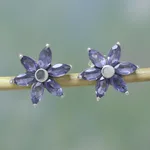 Iolite flower earrings, 'Ocean Daisy' - Iolite Earrings Hand Crafted Sterling Silver Button Jewellery