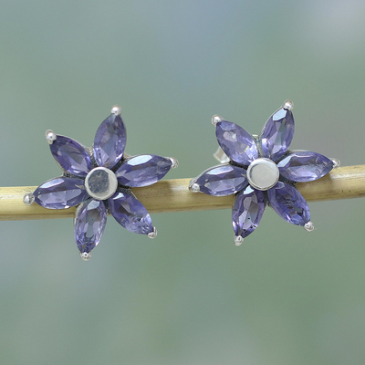 Iolite flower earrings, 'Ocean Daisy' - Iolite Earrings Hand Crafted Sterling Silver Button Jewelry