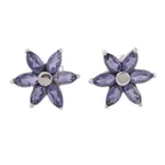 Iolite flower earrings, 'Ocean Daisy' - Iolite Earrings Hand Crafted Sterling Silver Button Jewellery