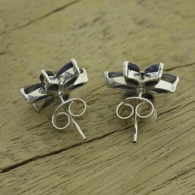 Iolite flower earrings, 'Ocean Daisy' - Iolite Earrings Hand Crafted Sterling Silver Button Jewellery