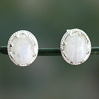 Rainbow moonstone stud earrings, 'Morning Frost' - Rainbow Moonstone Stud Earrings
