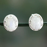 Rainbow moonstone stud earrings, 'Morning Frost' - Rainbow Moonstone Stud Earrings