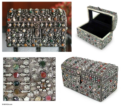 Brass jewelry box, 'Rainbow Treasures' - Hand Crafted Repousse Brass Jewelry Box
