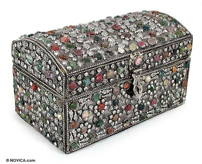 Brass jewelry box, 'Rainbow Treasures' - Hand Crafted Repousse Brass jewellery Box