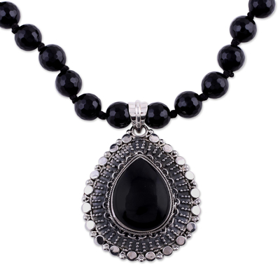Onyx pendant necklace, 'Floral Tear' - Onyx and Sterling Silver Necklace Fair Trade Jewelry