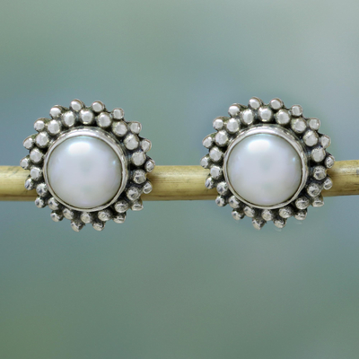 Pearl button earrings, 'Moonbeams' - Hand Made Pearl Bridal Sterling Silver Earrings