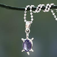 Iolite pendant necklace, 'Crystal Turtle' - Handcrafted Sterling Silver and Iolite Pendant Necklace
