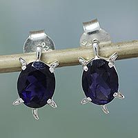 Iolite button earrings, 'Crystal Turtle' - Artisan Jewelry Earrings Sterling Silver and Iolite