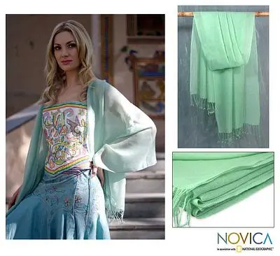 Wool shawl, 'Sea Green Dream' - Wool shawl