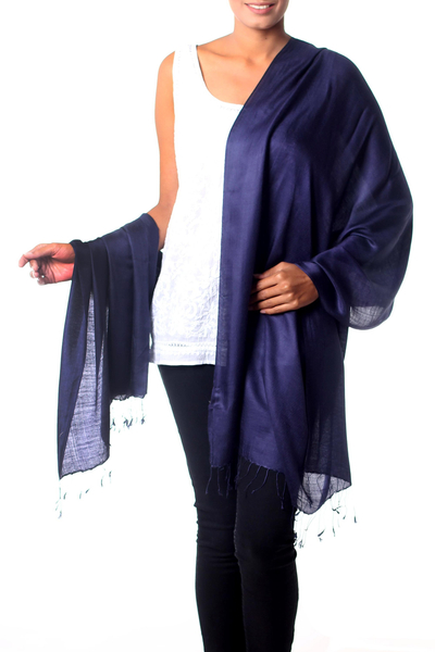 Silk shawl, 'Night Sky' - Silk Shawl Wrap Handwoven Collectible Solid Blue