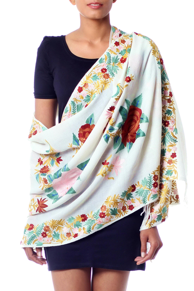 Wool shawl, 'Floral Daydream' - Wool shawl