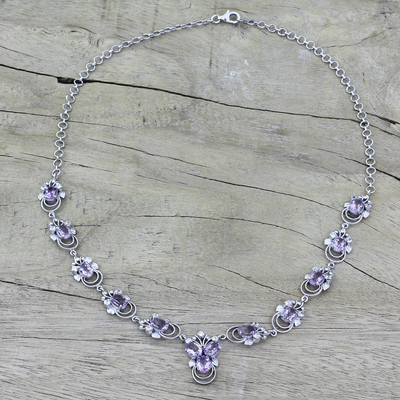 Amethyst pendant necklace, 'Mystical Butterflies' - Rhodium Plated Silver and Amethyst Pendant Necklace