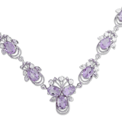 Amethyst pendant necklace, 'Mystical Butterflies' - Rhodium Plated Silver and Amethyst Pendant Necklace