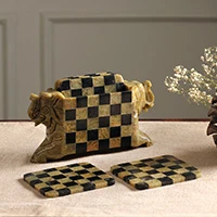 Soapstone coasters, 'Elephant Chess' (set of 6) - Natural Soapstone Hand Crafted Coasters and Holder