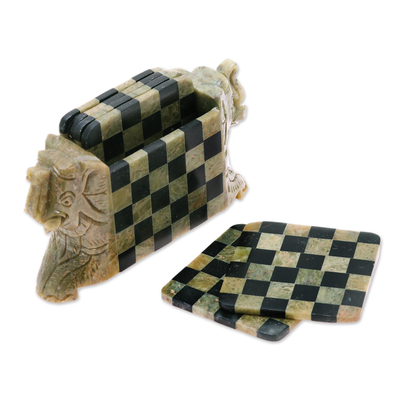 Soapstone coasters, 'Elephant Chess' (set of 6) - Natural Soapstone Hand Crafted Coasters and Holder