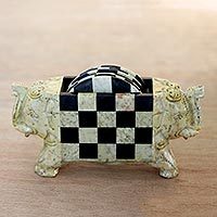 Soapstone coasters, 'Elephant Checkers' (set of 6)