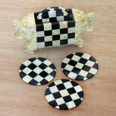 Soapstone coasters, 'Elephant Checkers' (set of 6) - Hand Crafted Soapstone Coasters and Holder (Set of 6)