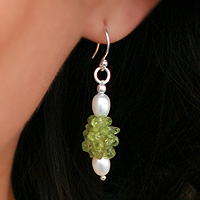 Artisan Crafted Peridot and Pearl Earrings from India,'Marshmallow and Lime'