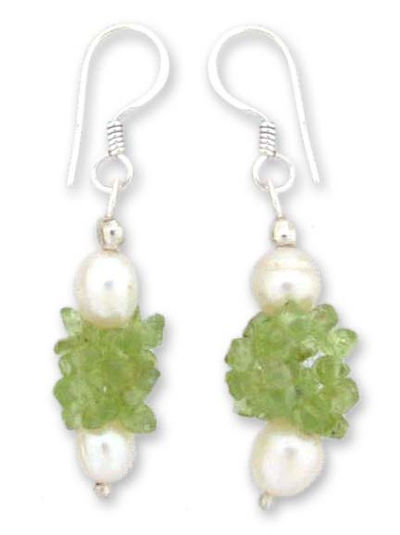 Pearl and peridot earrings, 'Marshmallow and Lime' - Artisan Crafted Peridot and Pearl Earrings from India