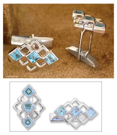 Sterling silver cufflinks, 'Blue Quadrants' - Fair Trade Sterling Silver Blue Topaz Men's Cufflinks