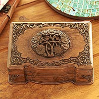 Walnut Jewellery box, 'Victorian Bouquet' - Hand Carved Walnut Wood Jewellery Box