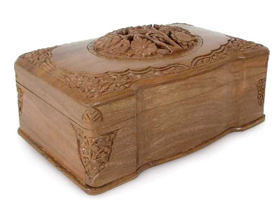 Walnut jewelry box, 'Victorian Bouquet' - Hand Carved Walnut Wood jewellery Box