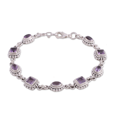 Amethyst link bracelet, 'Couples' - Sterling Silver Amethyst Bracelet Handmade Jewelry