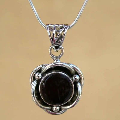 Onyx pendant necklace, 'Black Rose' - Onyx Pendant in Sterling Silver Necklace Flower Jewelry