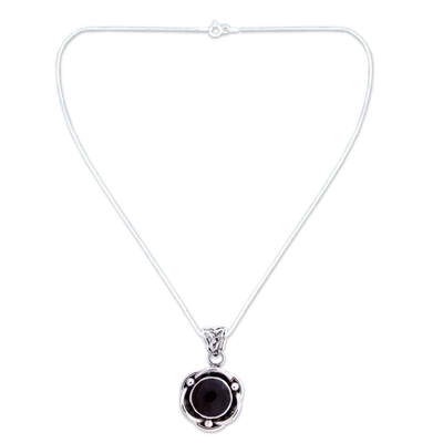Onyx pendant necklace, 'Black Rose' - Onyx Pendant in Sterling Silver Necklace Flower Jewellery