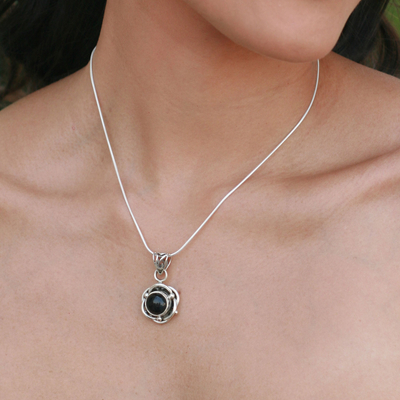Onyx pendant necklace, 'Black Rose' - Onyx Pendant in Sterling Silver Necklace Flower Jewelry