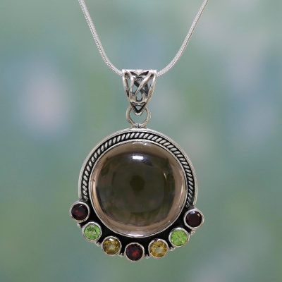 Quartz and garnet pendant necklace, 'Harvest Moon' - Quartz Multigem Pendant Necklace