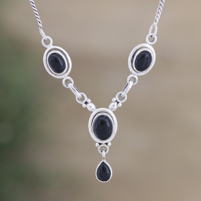 Onyx Y-necklace, 'Mystery' - Onyx and Sterling Silver Y Necklace