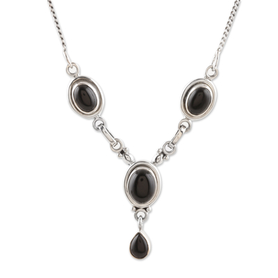 Onyx and Sterling Silver Y Necklace - Mystery | NOVICA