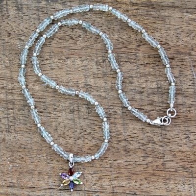 Blue topaz and amethyst floral necklace, 'Paradise in Bloom' - Blue Topaz Multigem Pendant Necklace