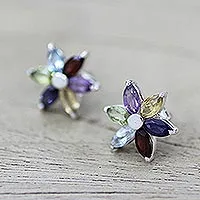 Pendientes de flores con múltiples piedras preciosas, 'Paradise in Bloom' - Pendientes florales en plata de ley y piedras preciosas naturales