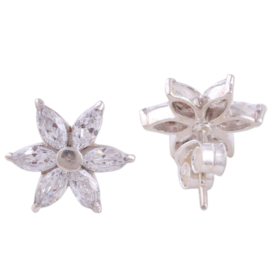 Sterling silver flower earrings, 'Snow Blossom' - Sparkling Stud Earrings with Cubic Zirconia from India
