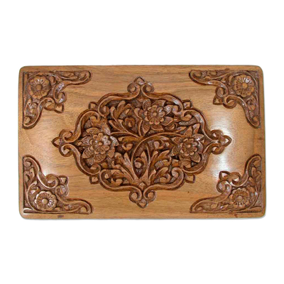 Walnut jewelry box, 'Mesmerizing Bouquets' - Handcrafted Indian Floral Wood Jewelry Box