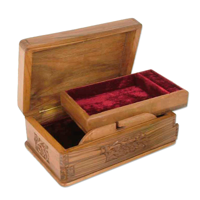 Walnut jewelry box, 'Mesmerizing Bouquets' - Handcrafted Indian Floral Wood Jewelry Box
