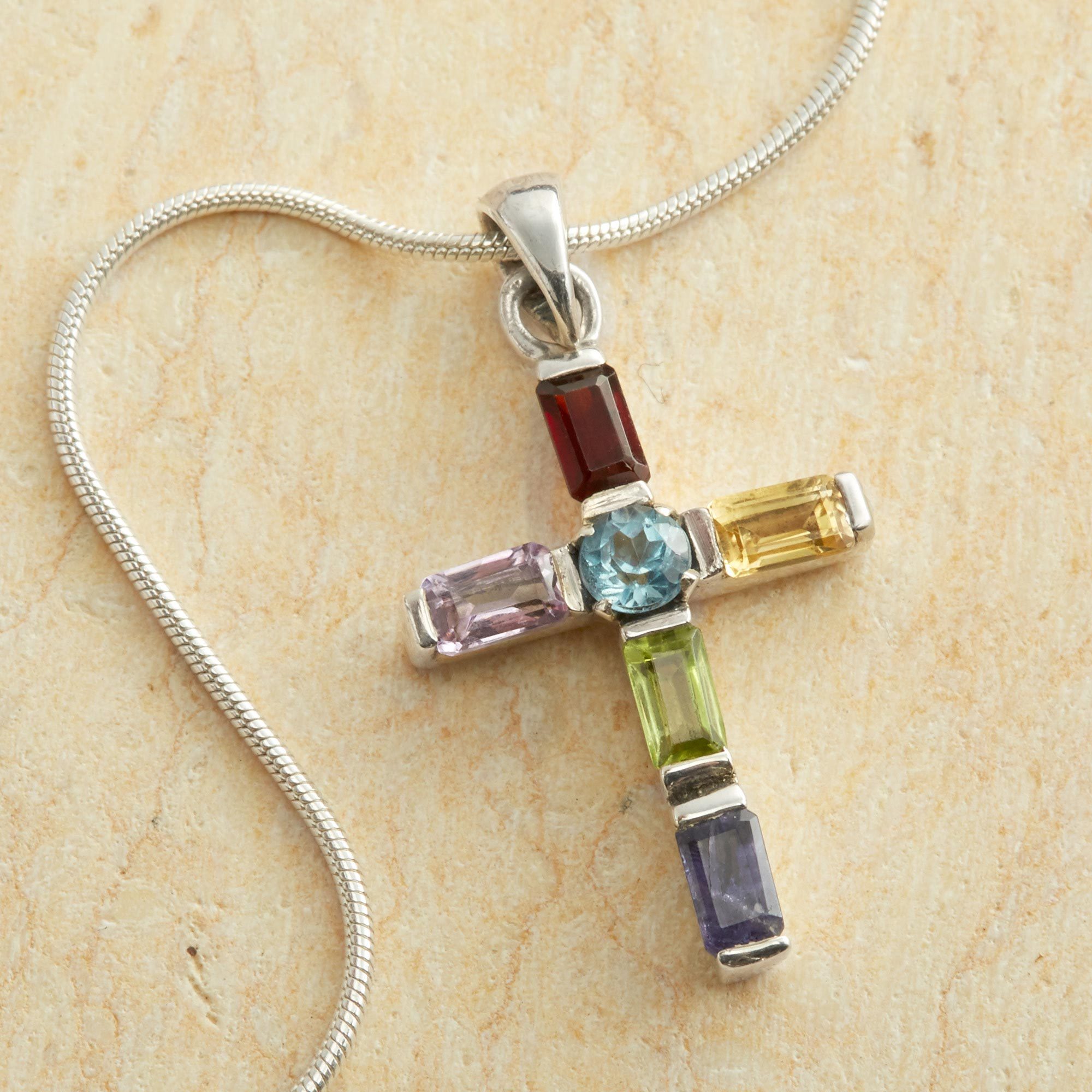 Handmade Multigem Cross Sterling Silver Religious Choker Kolkata