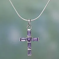 Collar de cruz de amatista, 'Cruz lila' - Cruz de amatista en collar de plata de ley joyería religiosa