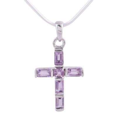 Amethyst cross necklace, 'Lilac Cross' - Amethyst Cross on Sterling Silver Necklace Religious Jewelry