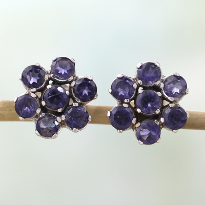Iolite earrings, 'Cornflowers' - Floral Sterling Silver Button Iolite Earrings from India