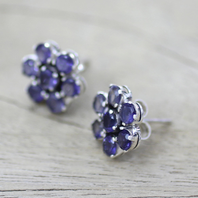 Iolite earrings, 'Cornflowers' - Floral Sterling Silver Button Iolite Earrings from India