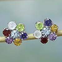 Pendientes de botones con múltiples piedras preciosas, 'Flores' - Pendientes multigemas con botones de plata de ley florales hechos a mano