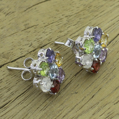 Multi-gemstone button earrings, 'Flowers' - Hand Crafted Floral Sterling Silver Button Multigem Earrings