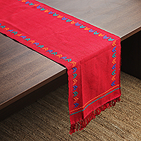 Camino de mesa de algodón, 'India festiva' - Camino de mesa rojo de algodón hecho a mano Mantelería
