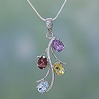 Garnet and citrine floral necklace, 'Summer Promise' - Gemstone Necklace Artisan Silver Jewelry from India
